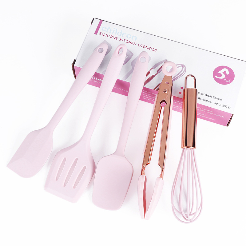 Set Alat Dapur Silikon Anak-anak, 5 Buah Set Peralatan Dapur Silikon Mini Spatula Penjepit