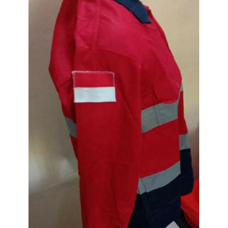 SERAGAM SAFETY FREE LOGO K3 BENDERA MERAH KOMBINASI DONGKER KANCING KAIN DRILL