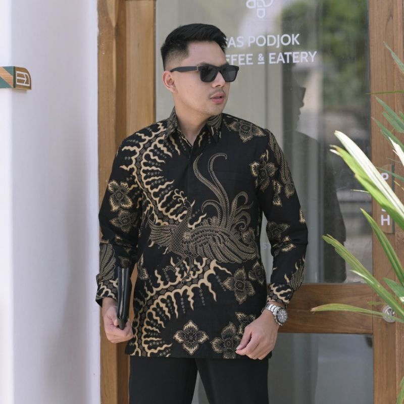 Batik kemeja pria lengan pendek &amp; panjang lapis furing batik bahan katun baturaden reguler Klabang hitam