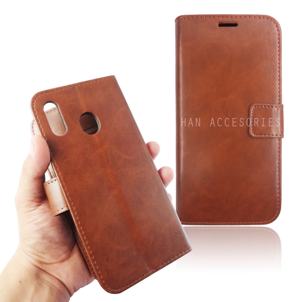 (PAKET HEMAT) Fashion Selular Flip Leather Case Samsung Galaxy M20 Flip Cover Wallet Case Flip Case + Nero Temperred Glass