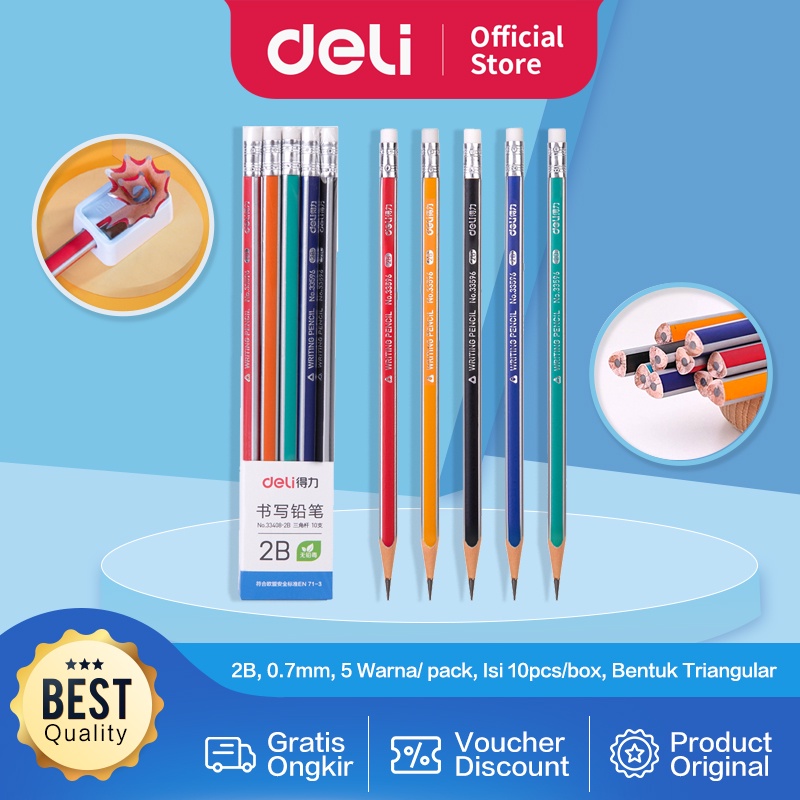 

Deli Graphite Pencil / Pensil Kayu 2B 10pcs/Pack dengan Penghapus 33408