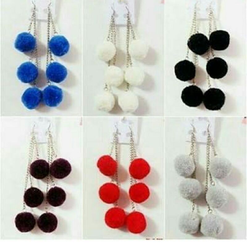 Anting Tri Pompom -anting hijab-anting kekinian-anting remaja -anting mewah bisa COD