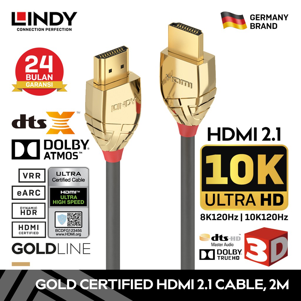 LINDY Kabel HDMI 2.1 2M Kabel Ultra High Speed Hdmi Certified Male to Male A to A PS5 EARC 8K 10K 37602