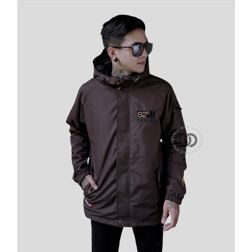 DOUBLE ONE - Jaket Hoodie Parasut Casual Reglan Original THE BOJIEL  / Jaket Taslan Pria / Jaket Waterproof Brown