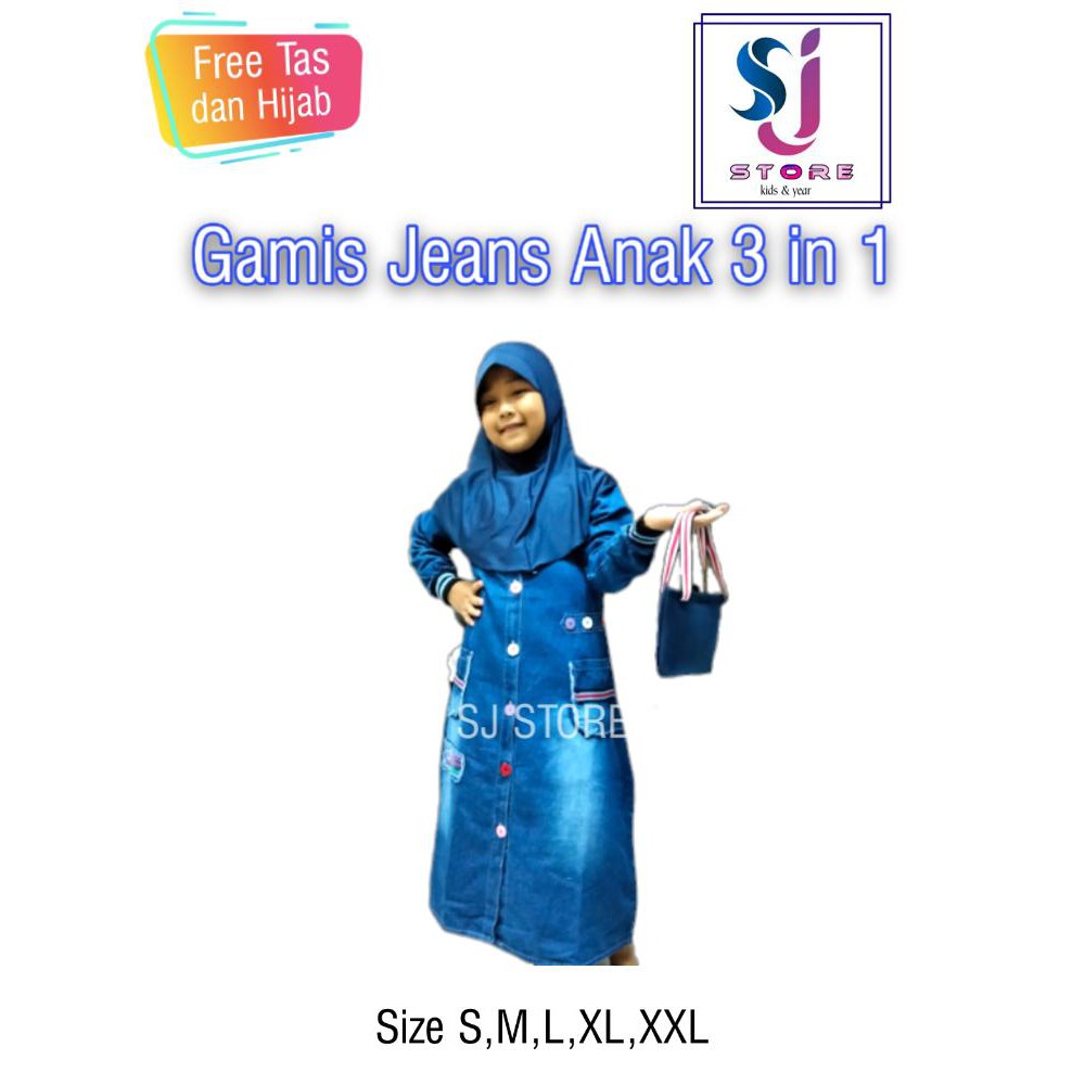 Baju Gamis Jeans Anak Perempuan / Pakaian Muslim Anak Perempuan 3in1 4 Sampai 11 Tahun