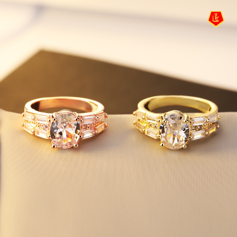 [Ready Stock]Fashion Personality 14K Gold Oval Diamond Square Ring