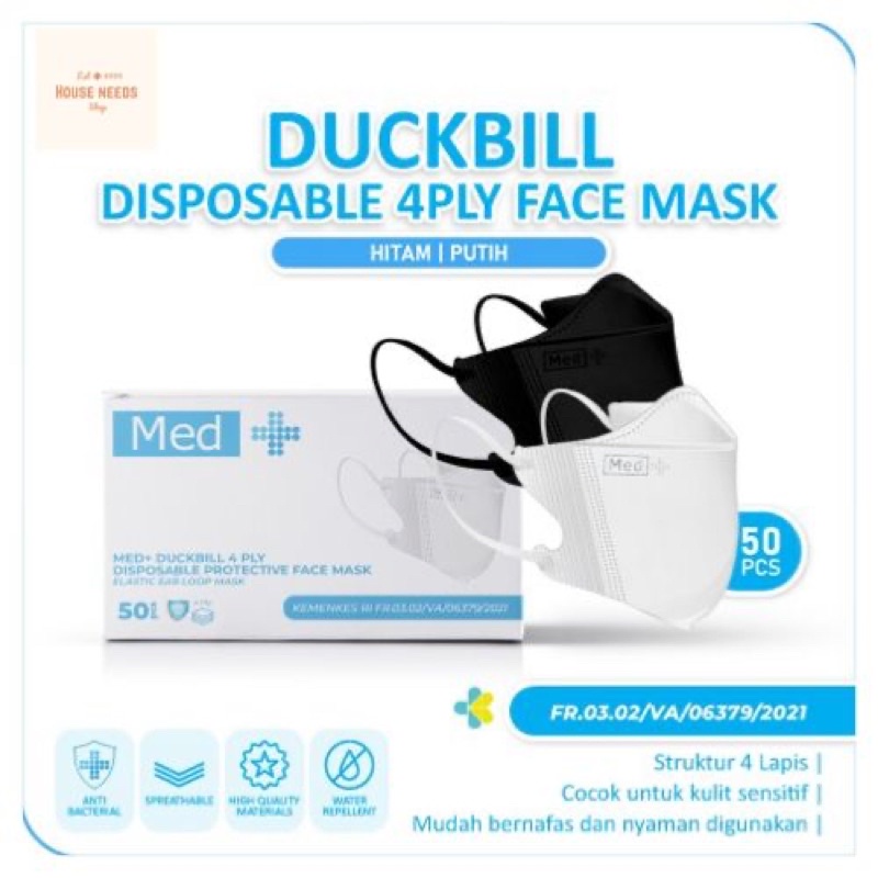 Masker Med+ Duckbill 4Ply Putih/Hitam Disposable Mask