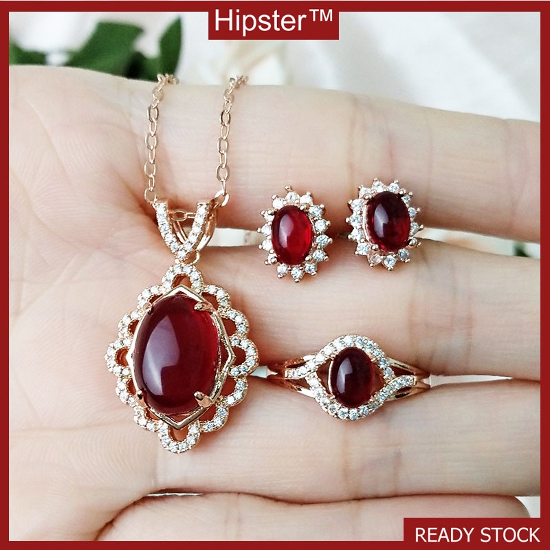 Elegant Hot Sale Natural Ruby Jewelry Set Ear Stud and Ring Necklace Three-Piece Set