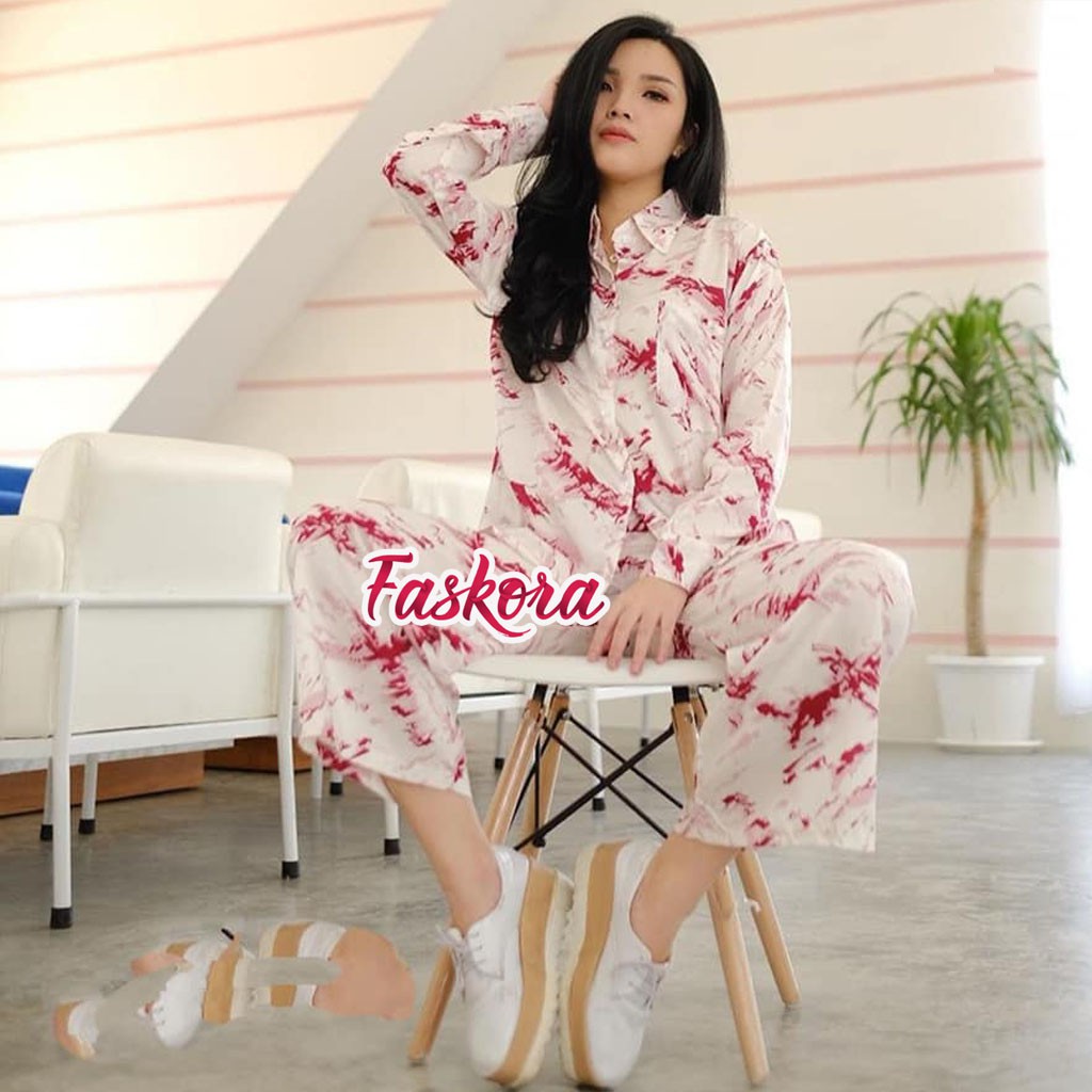 Pajamas One Set Tie dye - One Set Tiedye Wanita Panjang - Setelan Jumbo Rayon Wanita Kekinian Bercak