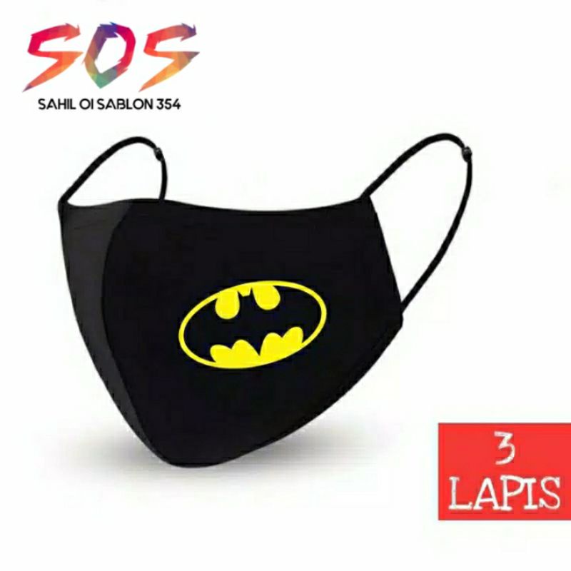 Masker kain 3 Lapis batman hitam 3 lapis/scuba karakter anak dewasa earloop