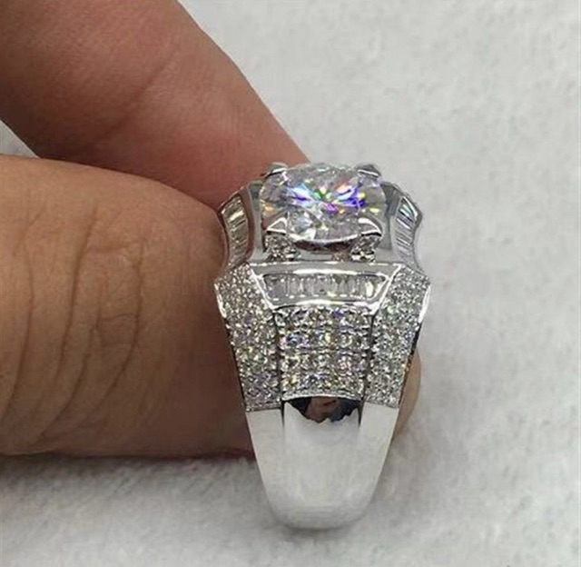 Cincin Pria Berlian Cubic Zirconia Mewah BlingBling Kantoran Ring Perak Campuran