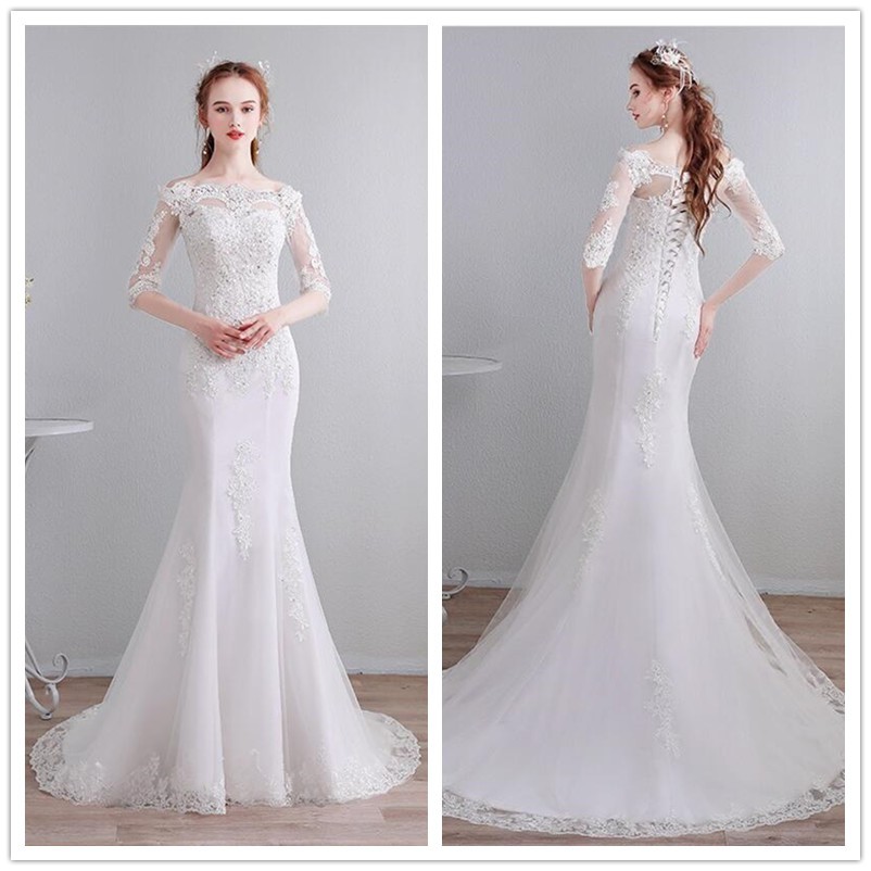 Putih Sabrina Mermaid Wedding Dress Gaun Pengantin Renda Putri Duyung Fishtail Bridal Dress