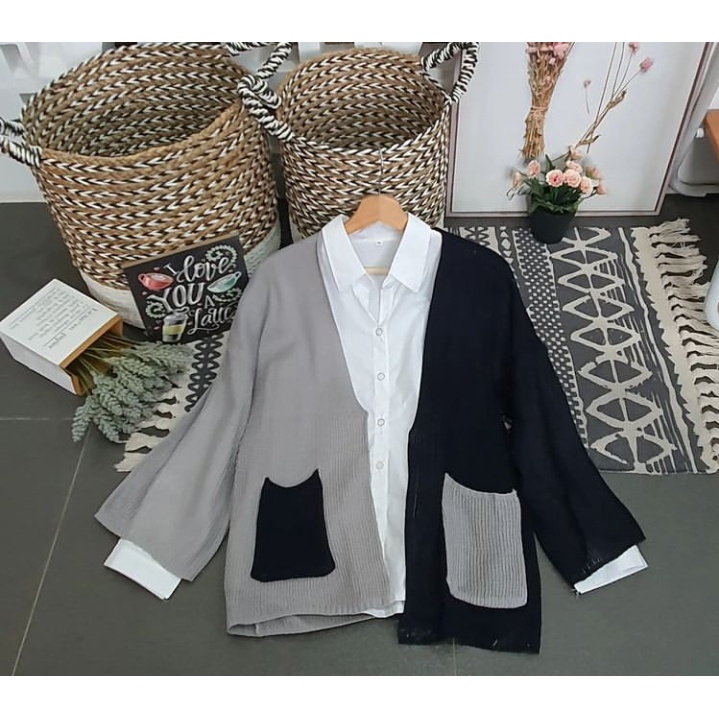 Sweater Rajut Wanita Dua Warna Oversize Cardigan