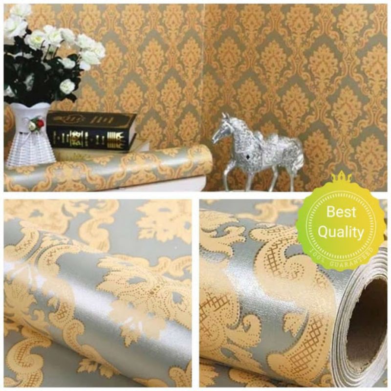 grosir wallpaper sticker dinding motif batik warna abu-abu ulir kuning