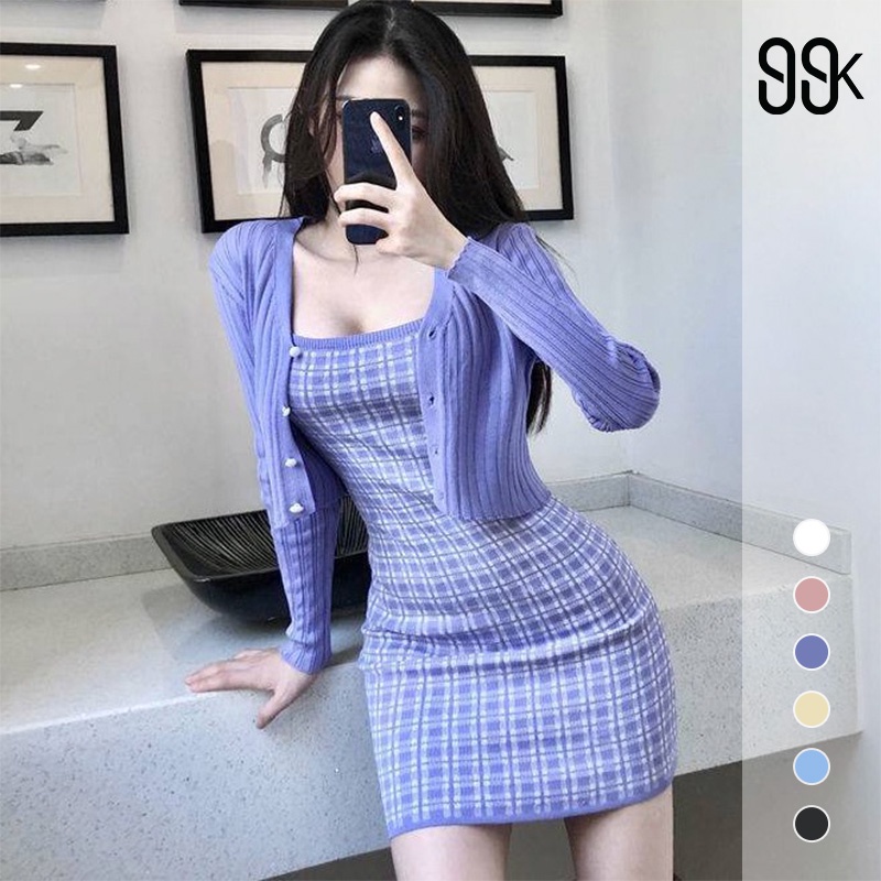 Slim Fit Plaid knitted Mini Dress  (Without Cardigan) 2178