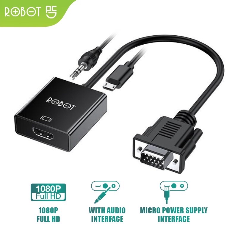 ROBOT RHV30 VGA to Adapter Laptop/PC 1080P (With Audio&amp;Power Supply) Black - Garansi 1 Tahun