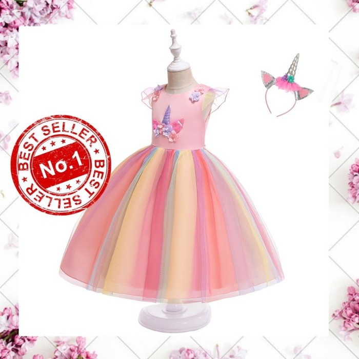 Gaun Anak - Import Unicorn Gradasi Anak Unicorn Tahun Ulang Baju Anak Anak Dress P