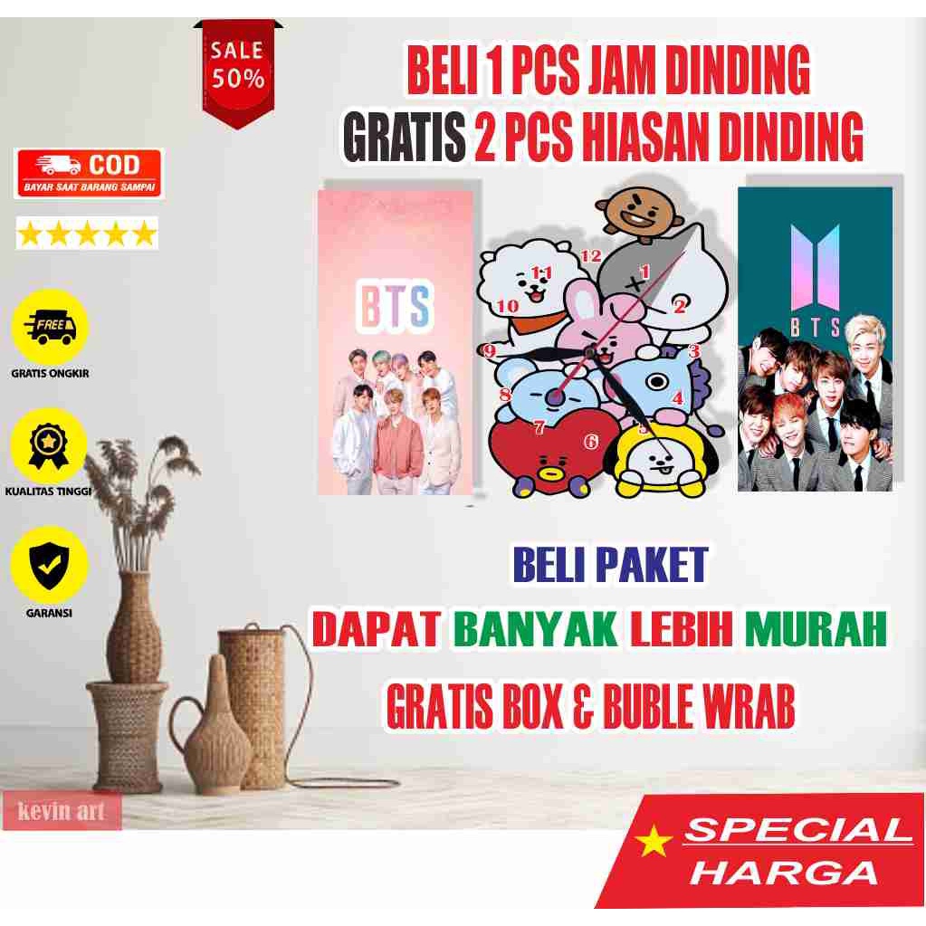 JAM DINGDING UNIK KEREN BESAR BT21 BTS TEMPEL TEMBOK KOLEKSI HOBI HADIAH ULANG TAHUN DEKORASI DINDING KAMAR ANAK CEWE CUSTOM 1 SET MURAH GRATIS HIASAN