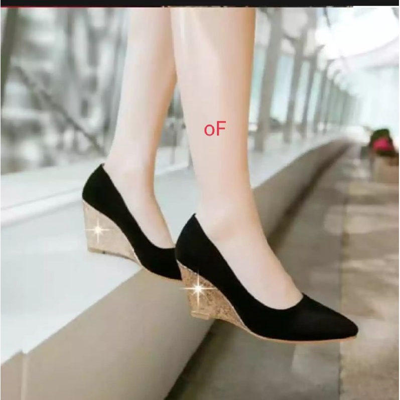 WEDGES PANTOPEL GLITTER LUCU SUEDE SEPATU KERJA KANTOR UNDANGAN PESTA EMORY