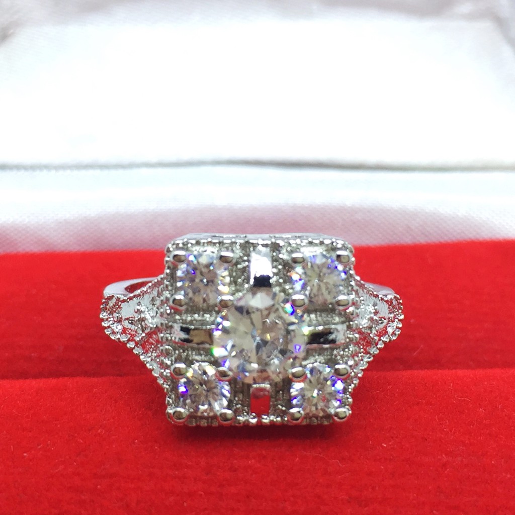 Cincin Lapis Emas Putih Batu Putih Kotak Besar Pria Wanita - BR208