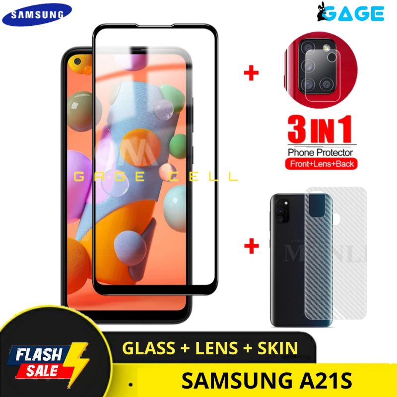 PROMO 3IN1 TEMPERED GLASS LAYAR KAMERA SKIN CARBON SAMSUNG GALAXY A21S TG ANTI GORES FULL SCREEN