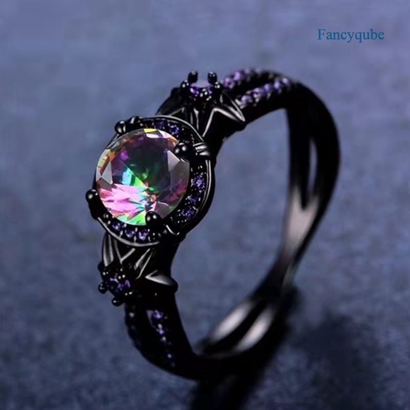 Cincin Emas Hitam Hias Kristal Zircon Ungu Berlian Untuk Pria Dan Wanita