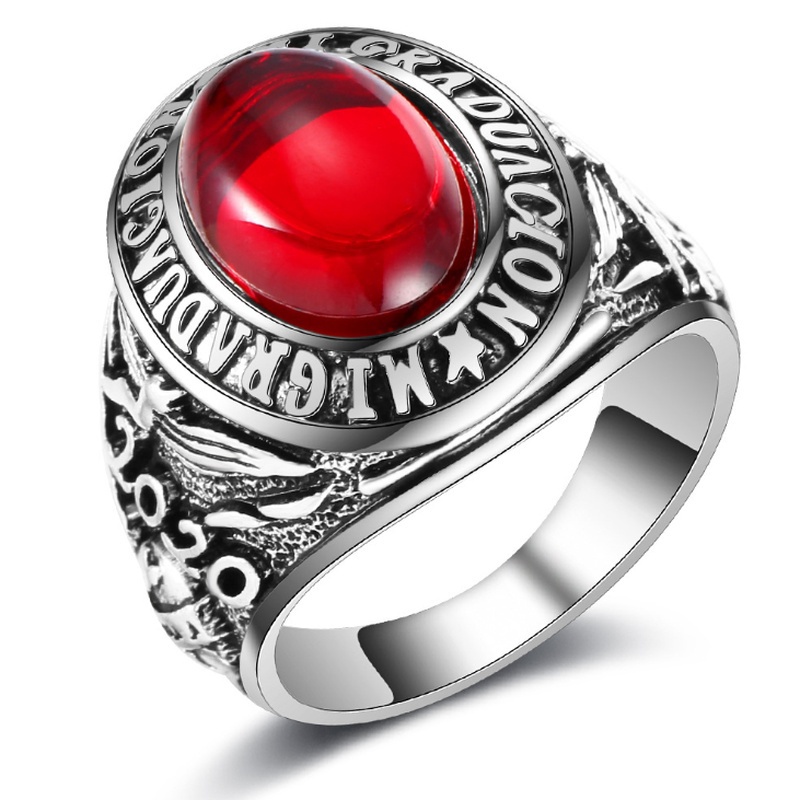 Cincin Batu Merah Raven Dan Wolf Never Fade Rune Bahan Stainless Steel Untuk Pria