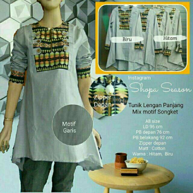 Blouse muslimah tunik Tunic motif garis Lengan Panjang mix songket (semi pinguin) fit L bahan katun
