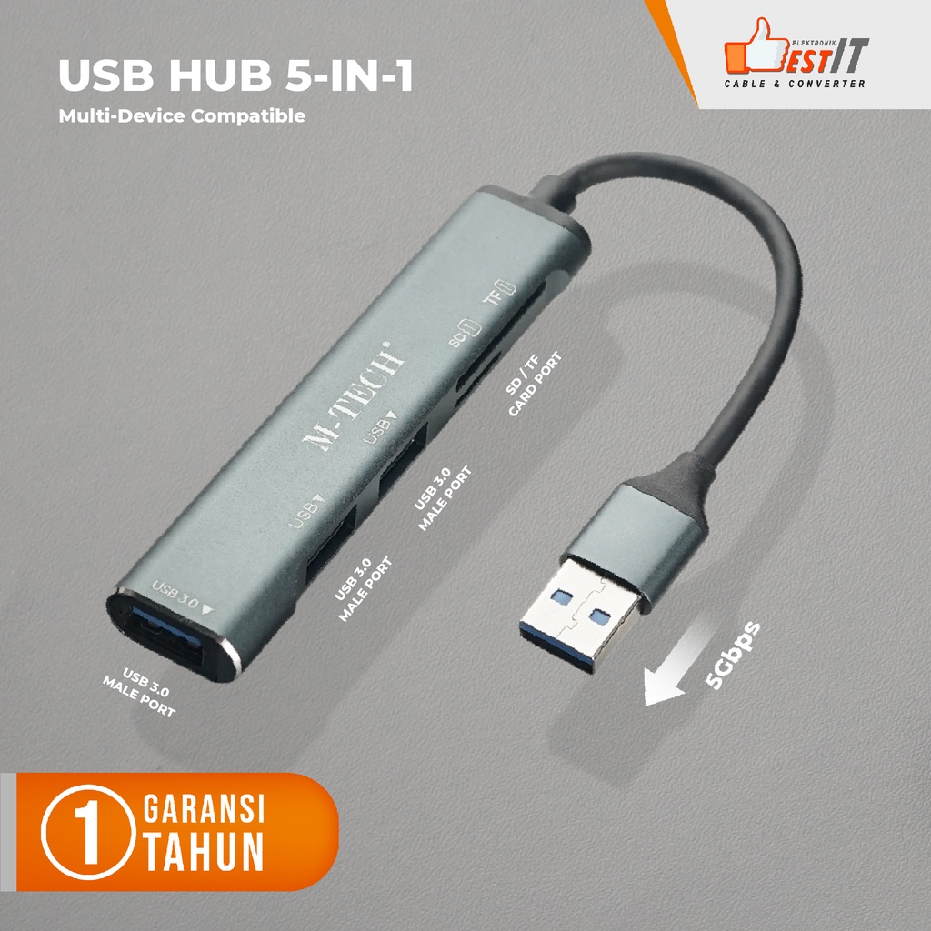 USB HUB 3.0 5 IN 1 USB, SD Card, TF Card + Type C OTG 5Gbps M-Tech