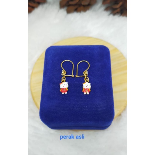 Anting gantung cat Hello Kitty, Perak 925, Sepuh Emas Kuning