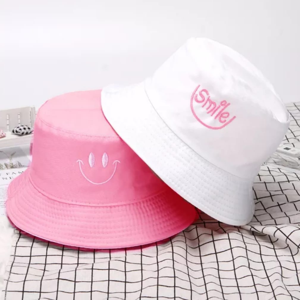 TOPI BUCKET BORDIR SMILE SMILE BOLAK BALIK  TOPI BUCKET KOREA COD