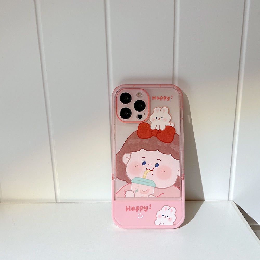 IPHONE Pink Milk Tea Girl Kartun Foldable Phone Holder Case Penutup Pelindung Untuk Iphone7 8 PLUS X XR XS 11 12 13 14 PRO MAX Se2020