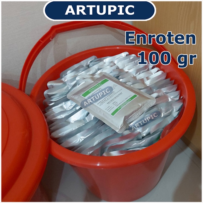 Enroten 100 gr Obat Hewan Flu Batuk Sakit Pencernaan Snot CRD Komplex Pernafasan Unggas ENROFLOXACIN Kelompok Fluoroquinolone ampuh membunuh mikroorganisme penyebab penyakit pada unggas Ecoli Haemophilus Salmonella Pasteurella Streptococcus Staphylococcus