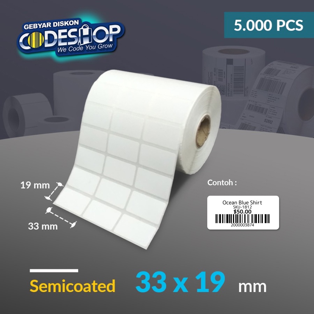 

Codeshop Label Semicoated 33 x 19 mm 3 Line Stiker Printer Barcode Core 1 Inch isi 5000 Pcs