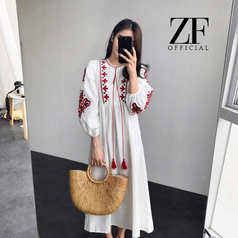 Bohemian Dress Putih Wanita Korean Style Bordir
