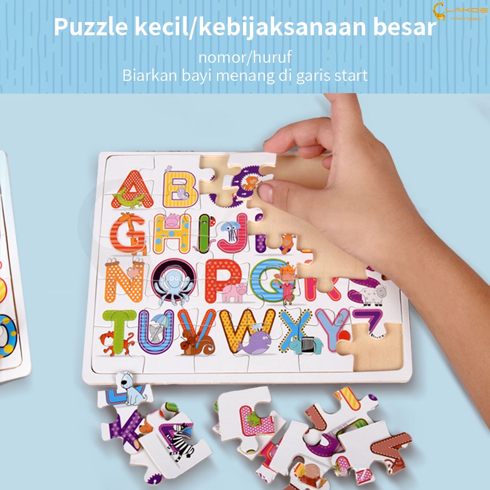 Lakoe Mainan Edukasi Anak Puzzle kayu gambar huruf dan nomor