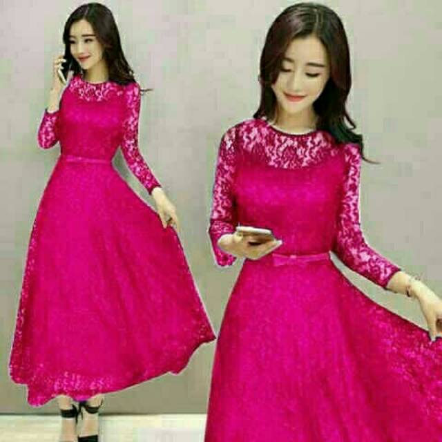 Dress Long Shaby Magenta Gaun Wanita Pink Fanta Imlek Natal Pesta Kasual Panjang Brukat Furing Shopee Indonesia