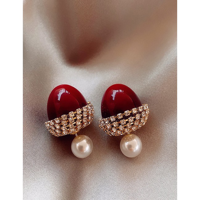 LRC Anting Tusuk Fashion Red Cherries Diamonds And Pearl Alloy V13566