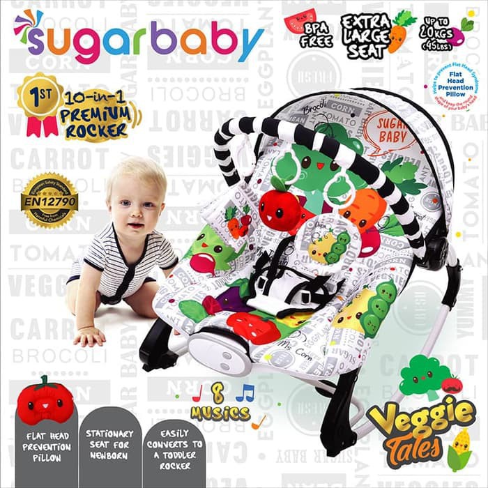 Sugar Baby 10 In 1 Premium Rocker Extra Large Seat Veggie Tales Bouncer Bayi