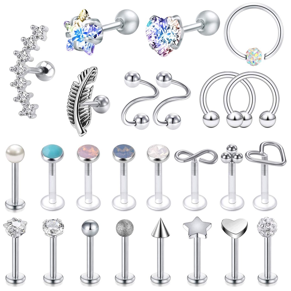 1 Set 16G Cartilage Earrings Tragus Earring Surgical Steel Lip Rings Conch Rook Daith Piercing Jewelry Crystal Lip Rings