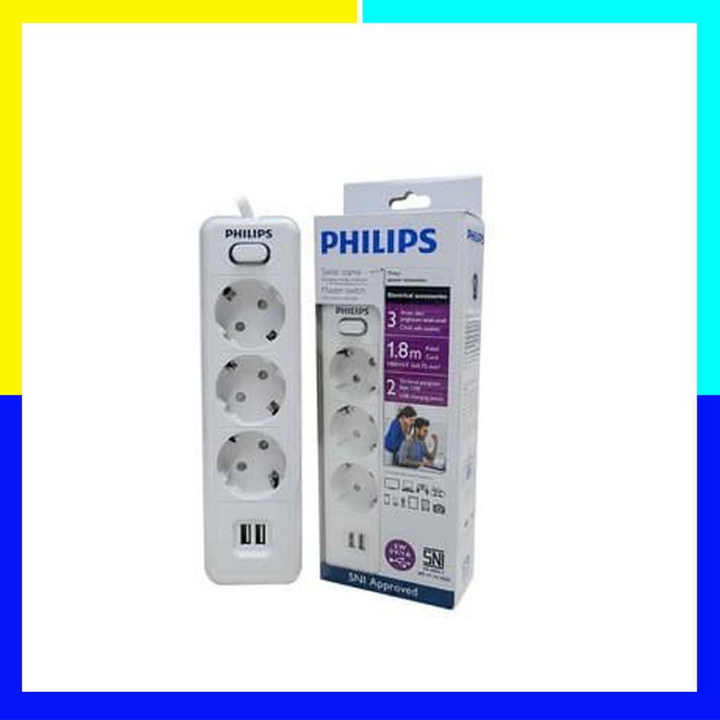 Colokan Listrik 3 Lubang 2 Usb Port Philips Stop Kontak 3032A 1.8 m