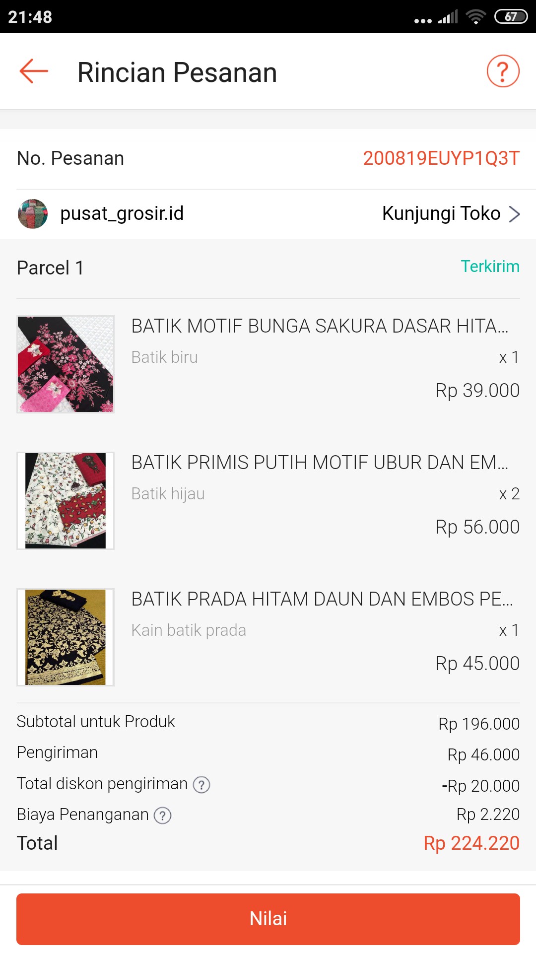Batik Prada Hitam Daun Dan Embos Pekalongan