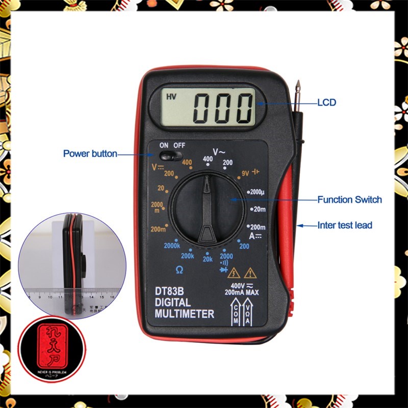 Pocket Size Digital Multimeter AC/DC Voltage Tester - DT83B - Black