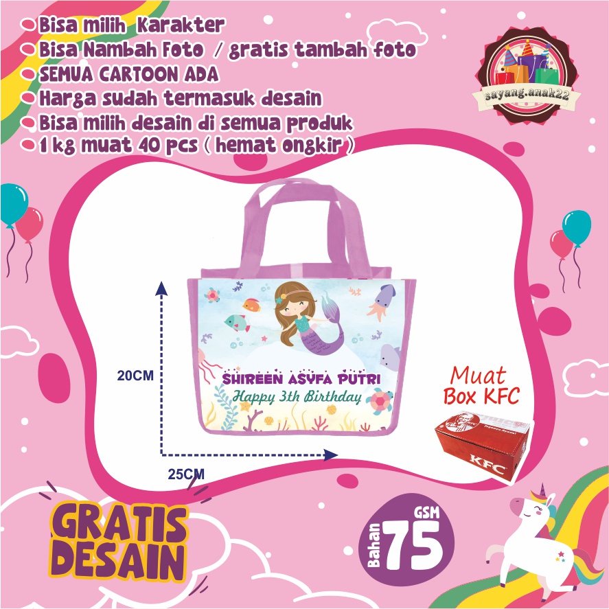 

Tas Souvenir ulang tahun anak birthday goodiebag Mermaid / Ukuran 25 x 13 x20 / Muat Box KFC / Harga Murah