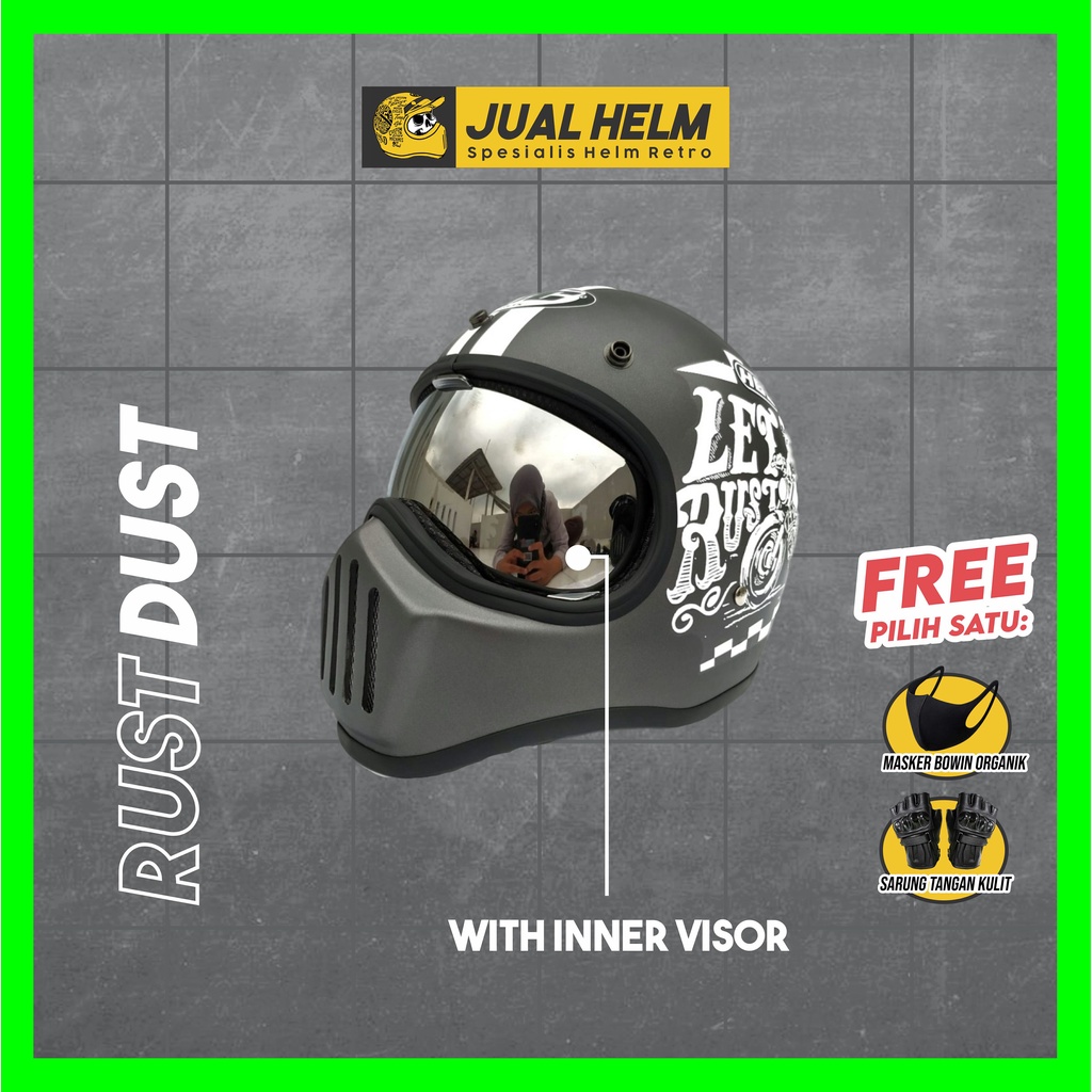 Helm Cakil HBC Rust Dust Grey + Inner Visor ( Fullface / Retro / Klasik / Vespa )