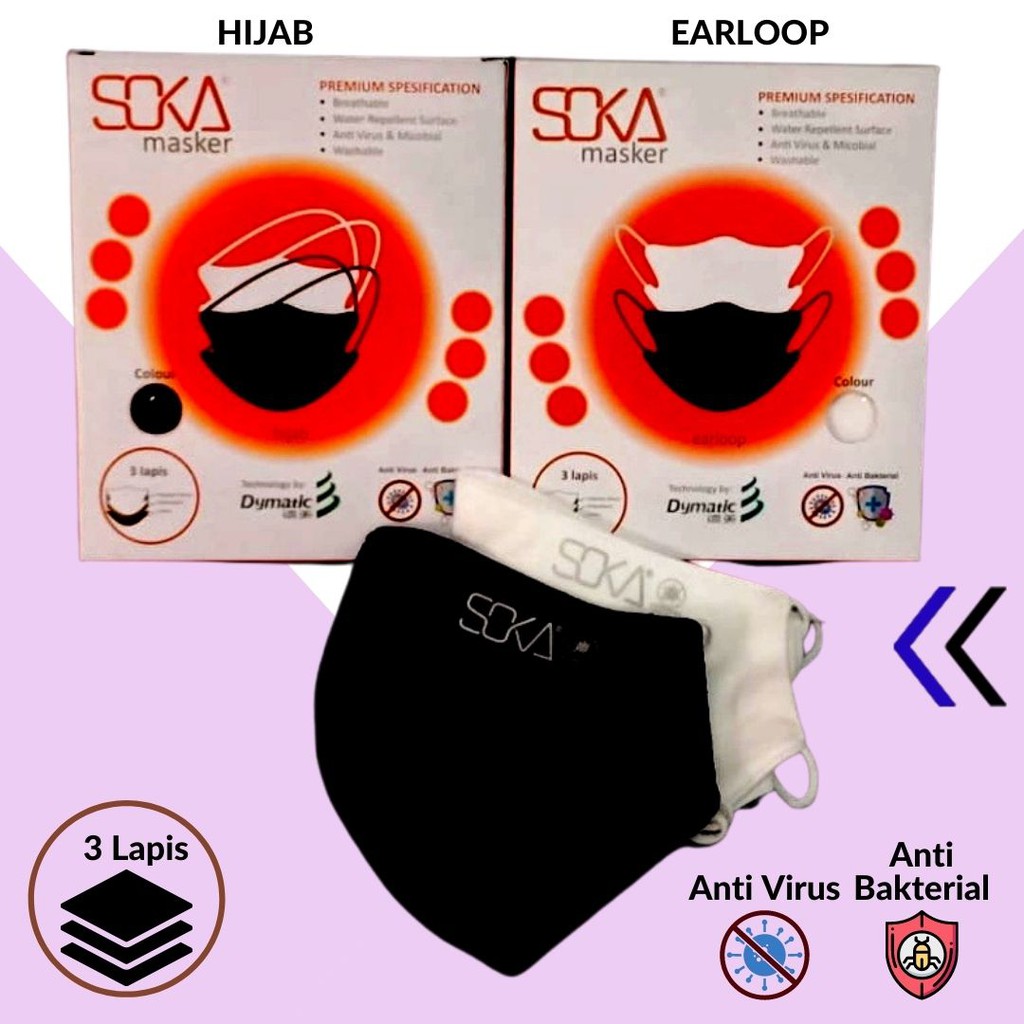 Masker Kain SOKA Non Medis Anti Bakteri Hitam dan Putih / Masker Earloop / Masker Hijab