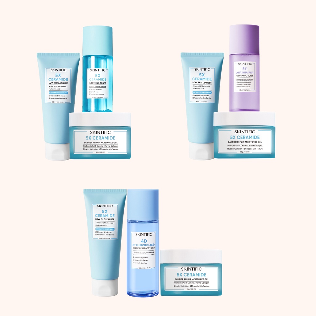 【Skintific Outlet Official】SKINTIFIC 3 pcs set with cleanser - 5X Ceramide Low pH Cleanser &amp; 4D Hyaluronic Acid (HA) Barrier Essence Toner &amp; Barrier  Moisturize Gel &amp;  5% Aha Bha Pha Exfoliating Toner &amp; 5X Ceramide Soothing Toner