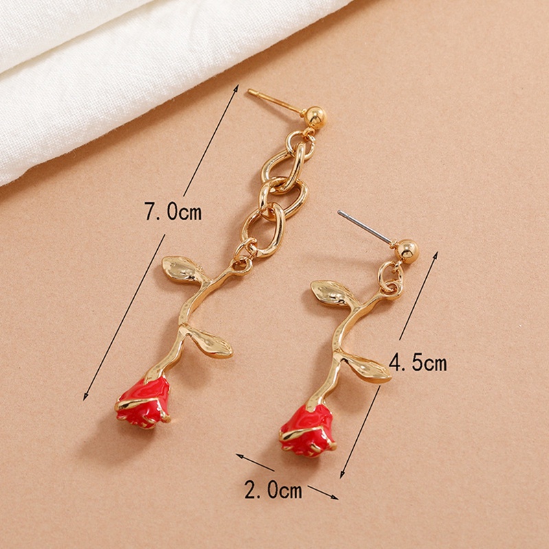 Anting Juntai Bentuk Bunga Mawar Merah Aksen Berlian Imitasi Gaya Vintage Untuk Wanita