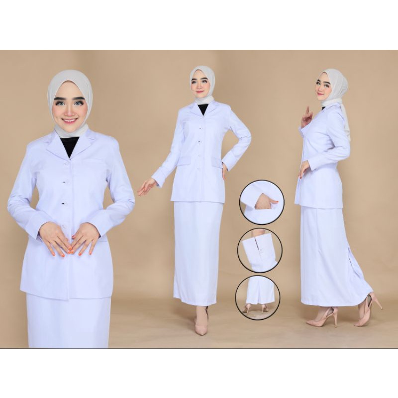 BAJU PERAWAT SETELAN PUTIH PUTIH ROK ATASAN ASN BAJU DINAS ASN PUTIH KANTONG BAWAH BAHAN KATUN PAKAI FURING ADEM DAN NYAMN D PAKAINYA KANTONG DUA BAWAH FREE HIJAB