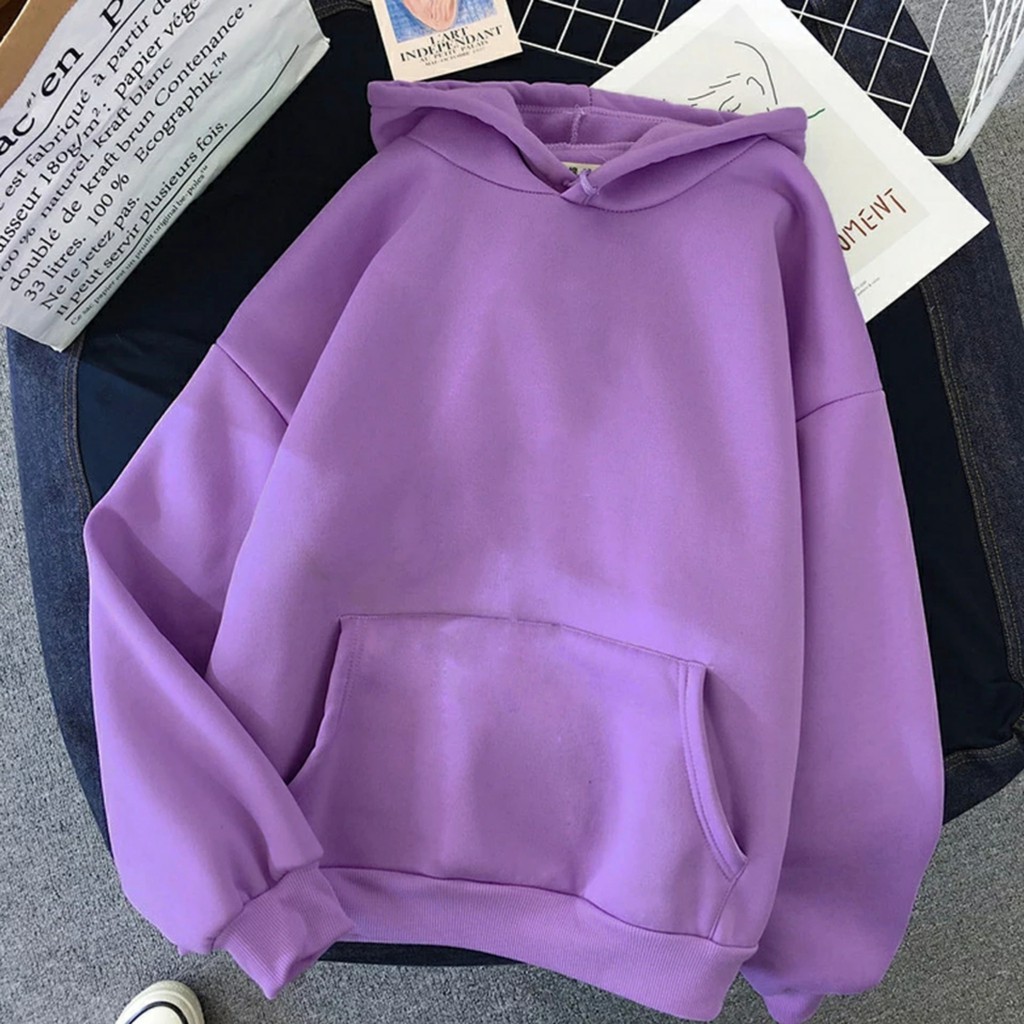 Hoodie Wanita Polos Murah Tebal Oversize Bahan Fleece Sweater Model Korea Warna Lilac